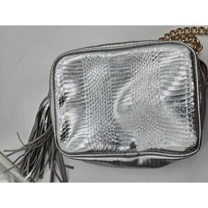 Victoria Secret Silver Faux Leather Crossbody Bag With Gold Chain & Fringe Tasse
